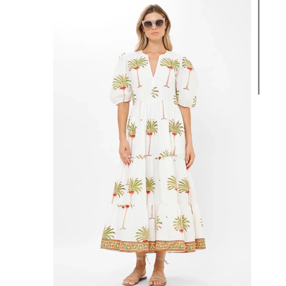 Oliphant Canary Green Maxi Dress XS Palm Tree Puff Sleeve Coastal Resort NWT